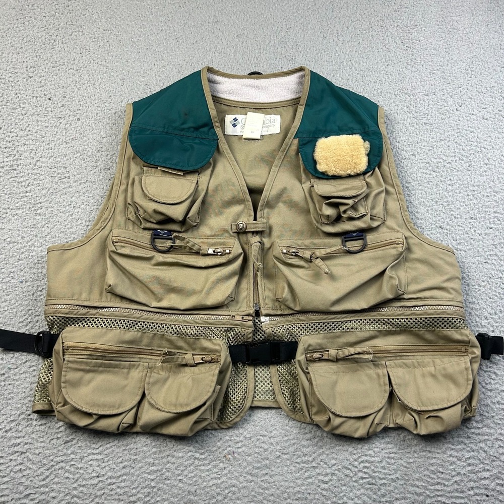 VTG Colombia Fly Fishing Vest Mens Large PFG Tan Green Outdoor Tech Sherpa Patch